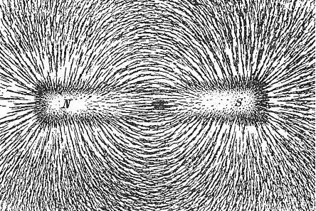 Železné piliny v magnetickém poli, licence obrázku public domain